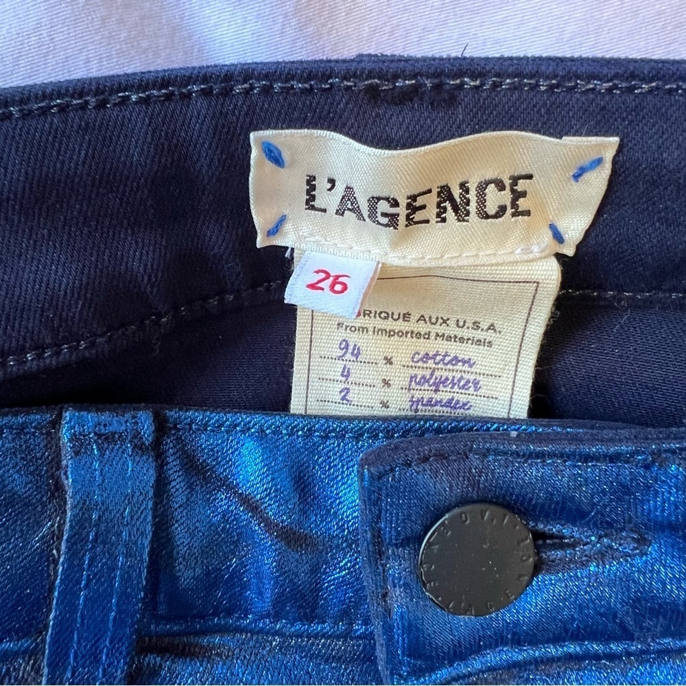L'AGENCE MARGOT SKINNY HIGH RISE NAVY ROYAL BLUE FOIL METALLIC PANTS HOLIDAY  26 - Picture 7 of 12